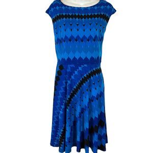 R&K Womens Blue Black Jersey Knit Stretch Cap Sleeve Knee Length Dress sz Large